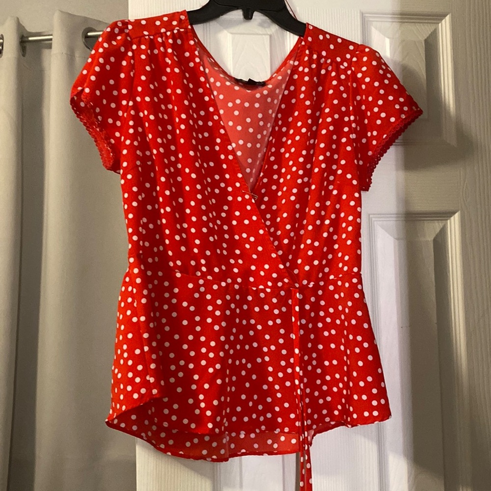 Red and White Polka Dot Deep V Cut Top